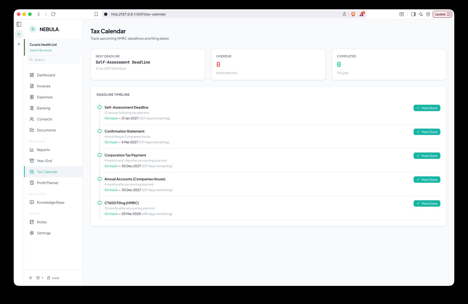 Nebula documents view with folder tree for year-end records, statements, and monthly invoice folders