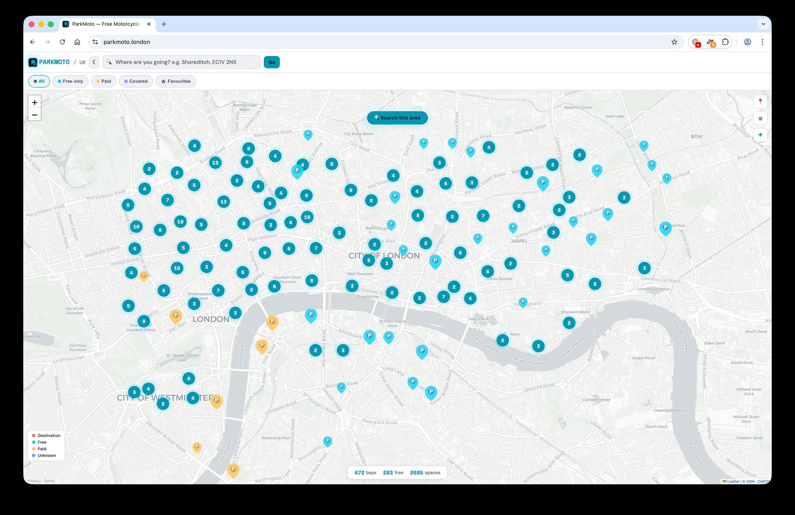 ParkMoto's main map view, central London, showing motorcycle parking bays clustered across boroughs with a counter showing 472 bays, 283 free, 2685 spaces