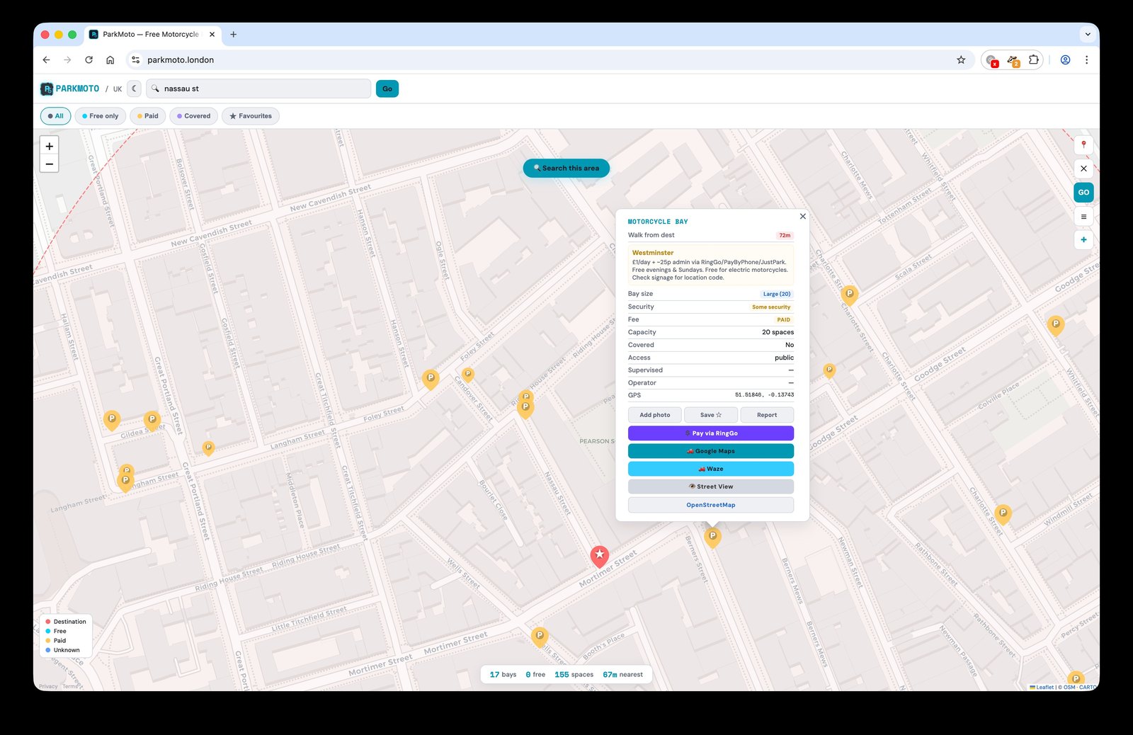 The full ParkMoto app showing a bay popup with navigation buttons: Pay via RingGo, Google Maps, Waze, Street View, and OpenStreetMap, alongside the surrounding map